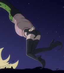 Rule 34 | 1girl, ass, blair (soul eater), cell (dragon ball), crazy smile, crossover, dragonball z, grin, highres, legs, lower body, moon, night, night sky, shorts, sky, smile, soul eater, star (sky), struggling, tail, tail vore, thighhighs, thighs, tree, vore