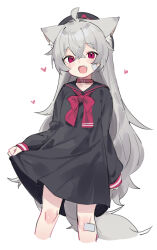 Rule 34 | 1girl, :d, absurdres, animal collar, animal ears, bandaid, bandaid on cheek, bandaid on face, black dress, collar, dress, fang, fenrir (fenriluuu), grey hair, hat, highres, long hair, long sleeves, looking at viewer, open mouth, original, red eyes, rir-chan, sailor dress, simple background, skirt hold, smile, tail, very long hair, w, white background, wolf ears, wolf girl, wolf tail
