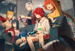 Rule 34 | 6+girls, alternate costume, anger vein, animal ears, anniversary, arknights, controller, couch, cow horns, croissant (arknights), demon horns, exusiai (arknights), fiammetta (arknights), game console, game controller, halo, highres, horns, huanxiang heitu, lappland (arknights), mostima (arknights), multiple girls, official art, playing games, scar, scar across eye, scar on face, sora (arknights), texas (arknights), wolf ears