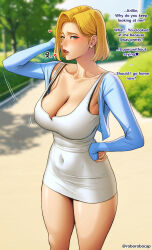 Rule 34 | 1girl, absurdres, android 18, artist name, blue eyes, blurry, blurry background, blush, breasts, cleavage, collarbone, covered navel, dragon ball, dragonball z, earrings, english text, fingernails, hair behind ear, heart, highres, impossible clothes, jewelry, large breasts, long sleeves, looking at viewer, medium hair, open mouth, outdoors, red lips, roborobocap, sharp fingernails, sleeves past wrists, thick thighs, thighs, tight clothes, twitter username