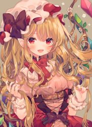 Rule 34 | 1girl, :d, alternate hair length, alternate hairstyle, ana (rznuscrf), blonde hair, blush, bow, brown background, brown bow, brown dress, commentary request, crystal, dress, fang, fingernails, flandre scarlet, flower, hair between eyes, hands up, hat, hat bow, long hair, mob cap, nail polish, open mouth, pink nails, puffy short sleeves, puffy sleeves, red bow, red eyes, ribbed dress, short sleeves, simple background, smile, solo, touhou, upper body, very long hair, white flower, white hat, wings, wrist cuffs