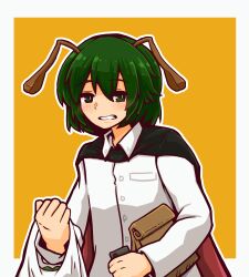 Rule 34 | 1girl, androgynous, antennae, bag, black cape, blush, buttons, cape, collared shirt, commentary request, flat chest, green eyes, green hair, grin, hair between eyes, highres, holding, holding phone, kide koushin, long sleeves, looking at viewer, outline, paper bag, phone, plastic bag, red cape, shirt, short hair, smile, solo, touhou, two-sided cape, two-sided fabric, upper body, white outline, white shirt, wriggle nightbug, yellow background