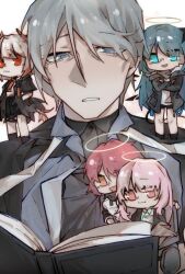 Rule 34 | 1boy, 4girls, :d, andoain (arknights), arknights, black jacket, black shirt, black shorts, black skirt, blue eyes, blue hair, book, brown eyes, closed mouth, collared shirt, crossed arms, dress shirt, exusiai (arknights), grey eyes, grey hair, halo, hand in pocket, highres, horns, jacket, lemuen (arknights), mini person, minigirl, mostima (arknights), multiple girls, open book, open mouth, parted lips, pink eyes, pink hair, red eyes, shirt, short shorts, short sleeves, shorts, simple background, skirt, smile, tail, w (arknights), waiaaaaaaa, white background, white jacket, white shirt