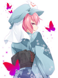 Rule 34 | 1girl, bad id, bad pixiv id, bug, butterfly, female focus, from behind, hat, insect, japanese clothes, kimono, looking back, ogami kazuki, pink eyes, pink hair, saigyouji yuyuko, short hair, smirk, solo, touhou