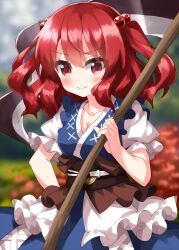 Rule 34 | 1girl, blue dress, blurry, blurry background, commentary request, dress, hair bobbles, hair ornament, highres, holding, holding scythe, one-hour drawing challenge, onozuka komachi, puffy short sleeves, puffy sleeves, red eyes, red hair, ruu (tksymkw), sash, scythe, shirt, short sleeves, short twintails, solo, touhou, twintails, white shirt