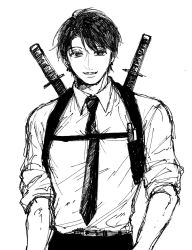 Rule 34 | 1boy, am4 pm4, black eyes, black hair, black pants, chainsaw man, collared shirt, highres, kishibe (chainsaw man), kishibe (young) (chainsaw man), looking at viewer, monochrome, multiple swords, necktie, pants, shirt, short hair, sketch, sleeves rolled up, smile, solo, suspenders, sword, weapon, white background, white shirt