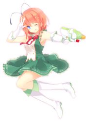 Rule 34 | 1girl, antennae, armpits, bad id, bad pixiv id, blue eyes, boots, bow, dress, elbow gloves, gloves, green dress, hair ornament, hairclip, hand gesture, knee boots, licking lips, looking at viewer, marotti, one eye closed, original, red hair, simple background, sleeveless, sleeveless dress, smile, solo, tongue, tongue out, white background, white gloves, wink
