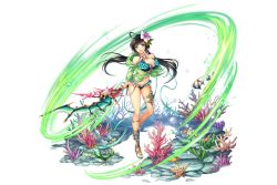 Rule 34 | 1girl, :d, ahoge, aqua eyes, bikini, black hair, breasts, bubble, coral reef, fish, frilled bikini, frills, green ribbon, hand on own chest, holding, holding sword, holding weapon, jehuty (kami project), kamihime project, large breasts, legband, looking at viewer, navel, seafloor, official art, open mouth, ribbon, sandals, smile, swimsuit, sword, transparent background, twintails, underwater, weapon, wind