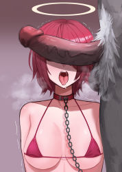 Rule 34 | 1boy, 1girl, arknights, bare shoulders, bikini, blush, breasts, censored, chain, chain leash, cleavage, collar, collarbone, commentary request, erection, exusiai (arknights), furry, furry male, furry with non-furry, gino (gino h), gradient background, halo, heavy breathing, hetero, highres, interspecies, large penis, leash, male pubic hair, medium breasts, micro bikini, mosaic censoring, motion lines, nose blush, open mouth, penis, penis on face, penis over eyes, pink background, pubic hair, red bikini, red hair, saliva, short hair, solo focus, swimsuit, tongue, tongue out, trembling, veins, veiny penis