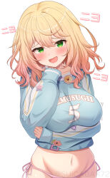 Rule 34 | 1girl, alternate costume, arm under breasts, blonde hair, blue sweater, blush, breasts, commentary request, cowboy shot, fang, gradient hair, hands up, highres, hololive, large breasts, long hair, looking at viewer, momosuzu nene, multicolored hair, navel, no pants, open mouth, panties, pink hair, pink panties, simple background, sleeves past wrists, smile, solo, standing, suicabar72, sweater, translation request, twitter username, underwear, virtual youtuber, watermark, white background