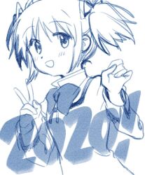 Rule 34 | 2020, blue theme, blush stickers, bow, bowtie, collared shirt, colored lineart, commentary request, fingernails, hair ribbon, high collar, juliet sleeves, kaname madoka, lace-trimmed sleeves, lace trim, long sleeves, looking at viewer, mahou shoujo madoka magica, mahou shoujo madoka magica (anime), mitakihara school uniform, no+bi=, open mouth, puffy sleeves, ribbon, school uniform, shirt, short hair, short twintails, simple background, smile, twintails, upper body, v, white background