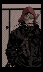 Rule 34 | 1boy, alternate costume, blonde hair, cigarette, commentary request, donquixote rocinante, fence, hands in pockets, hat, highres, jacket, kuromitsu (erup8438), looking at viewer, makeup, male focus, one piece, short hair, smoke, smoking, sword, weapon