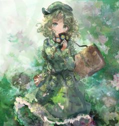 Rule 34 | 1girl, blush, box, camouflage, camouflage jacket, camouflage skirt, card, closed mouth, commentary request, cowboy shot, curly hair, flat cap, green eyes, green hair, hand up, hat, highres, holding, holding card, jacket, key, looking at viewer, short hair, skirt, smile, solo, touhou, uwazumi, yamashiro takane