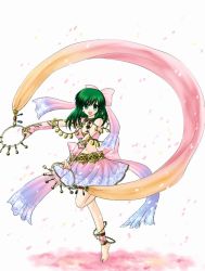 Rule 34 | 74, anklet, barefoot, bikini, bikini top only, bow, bridal gauntlets, dancer, dancing, feet, fire emblem, fire emblem: genealogy of the holy war, green eyes, green hair, hair bow, jewelry, lene (fire emblem), lots of jewelry, midriff, necklace, nintendo, open mouth, petals, ribbon, skirt, smile, solo, swimsuit