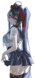 Rule 34 | 1girl, ahoge, black bra, black hair, black thighhighs, blue eyes, blue hair, blue skirt, blush, bow, bra, closed mouth, crossed bangs, dripping, hair between eyes, hair bow, highres, long hair, multicolored hair, original, red bow, see-through, simple background, sketch, skindentation, skirt, solo, tacco (tikeworld), thighhighs, thighs, twintails, underwear, unfinished, very long hair, wet, wet clothes, white background