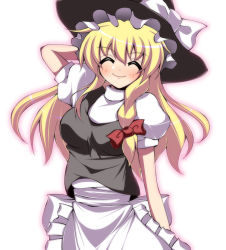 Rule 34 | 1girl, ^ ^, blonde hair, bow, braid, breasts, closed eyes, female focus, gradient background, hair bow, hat, kirisame marisa, long hair, saga taichi, smile, solo, touhou, white background, witch, witch hat