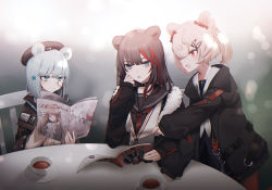 Rule 34 | 3girls, animal ears, arknights, bear ears, black hair, black jacket, blurry, bokeh, cardigan, chair, choker, cup, depth of field, food-themed hair ornament, green eyes, gummy (arknights), hair ornament, highres, holding, huge filesize, istina (arknights), jacket, long hair, long sleeves, magazine (object), migihidari (puwako), multicolored hair, multiple girls, neckerchief, open clothes, open jacket, open mouth, puffy sleeves, reading, red eyes, sailor collar, school uniform, sitting, strap, streaked hair, table, teacup, white hair, zima (arknights)