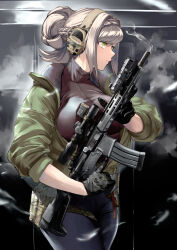 Rule 34 | 1girl, ar-15, black gloves, black shirt, blue pants, braid, breasts, closed mouth, commentary, cowboy shot, ear protection, gloves, green eyes, green jacket, grey hair, gun, headphones, highres, holding, holding gun, holding weapon, jacket, large breasts, medium hair, open clothes, open jacket, optical sight, original, pants, rifle, shirt, sidelocks, simple background, sleeves past elbows, sleeves rolled up, smoke, smoking barrel, solo, thick thighs, thighs, trigger discipline, turtleneck, utsucan, weapon