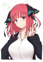 Rule 34 | 1girl, black jacket, black ribbon, blue eyes, blue nails, blush, breasts, closed mouth, collarbone, collared shirt, commentary request, frown, go-toubun no hanayome, hair ornament, hair ribbon, hand up, haoni, head tilt, jacket, large breasts, long hair, long sleeves, looking at viewer, nail polish, nakano nino, open clothes, open jacket, red hair, ribbon, shirt, simple background, sleeves past wrists, solo, two side up, upper body, v-shaped eyebrows, w, white background, white shirt