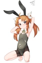 Rule 34 | 1girl, absurdres, adapted costume, ahoge, animal ears, arms behind head, barefoot, bike shorts, black leotard, brown hair, dated, detached collar, flat chest, green ribbon, grey eyes, hair ribbon, highres, kagerou (kancolle), kantai collection, leotard, maru (marg0613), neck ribbon, one-hour drawing challenge, playboy bunny, rabbit ears, ribbon, simple background, solo, squatting, strapless, strapless leotard, toes, trait connection, twintails, twitter username, white background