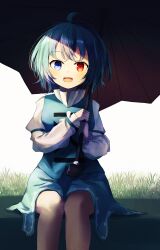 Rule 34 | :d, ahoge, ar (maeus), blue eyes, blue skirt, blue vest, feet out of frame, heterochromia, highres, holding, holding umbrella, long sleeves, looking at viewer, open mouth, red eyes, shirt, simple background, sitting, skirt, smile, tatara kogasa, touhou, umbrella, vest, white background, white shirt