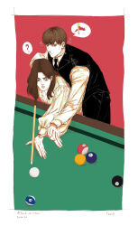 Rule 34 | 2boys, ?, absurdres, ball, billiard ball, billiards, bowl cut, brown hair, confused, eren kruger, eren yeager, highres, holding cue stick, long hair, male focus, mature male, mimi (61743952), motion lines, multiple boys, pool table, shingeki no kyojin, short hair, spinning head, spoken question mark, table, teaching, time paradox, tsurime, vest