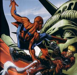 Rule 34 | 2boys, battle, crossover, gun, lowres, marvel, multiple boys, spider-man, statue of liberty, trigun, vash the stampede, weapon