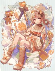 Rule 34 | 1girl, :3, ahoge, animal ears, bear ears, bear girl, black bow, boots, bow, brown bow, brown footwear, brown hair, brown sleeves, choker, closed mouth, commentary, cup, detached sleeves, dress, flower, food, frilled choker, frilled sleeves, frills, fruit, full body, green background, green bow, hair bow, heart, highres, holding, holding spoon, in container, in cup, knee boots, long sleeves, looking at viewer, multicolored hair, multiple hair bows, orange (fruit), orange dress, orange eyes, orange sleeves, orange slice, original, oversized object, paw shoes, puffy sleeves, quad tails, saucer, sidelocks, sitting, smile, solo, spoon, streaked hair, striped background, stuffed animal, stuffed toy, sugar cube, symbol-only commentary, teacup, teapot, teddy bear, tsukumi bis, two-tone sleeves, white flower, wide sleeves