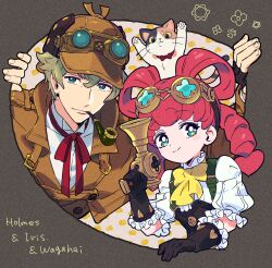 Rule 34 | 1boy, 1girl, ace attorney, blonde hair, blue eyes, bow, bow-shaped hair, brown gloves, character name, closed mouth, coat, deerstalker, drill hair, eyewear on headwear, frilled gloves, frilled sleeves, frills, gloves, goggles, goggles on head, green bag, hair rings, hat, herlock sholmes, iris wilson, long hair, long sleeves, looking at viewer, neck ribbon, orange coat, pink hair, puffy sleeves, red ribbon, ribbon, shirt, short hair, smile, the great ace attorney, twintails, uchikoshi2525, upper body, wagahai (ace attorney), white shirt, yellow bow
