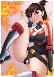 Rule 34 | 1girl, asuka (crimson tears), belt, blush, boots, breasts, brown eyes, brown hair, capcom, crimson tears, dildo, embarrassed, fingerless gloves, fire, folded ponytail, gloves, gradient background, hand to own mouth, highres, kannko bokujou, large breasts, legs, leotard, leotard pull, looking at viewer, object insertion, ponytail, pussy, sex toy, short hair, shy, sitting, solo, sweat, thighs, uncensored, vaginal, vaginal object insertion, vibrator, vibrator under clothes