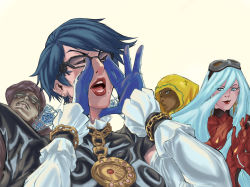 Rule 34 | bayonetta, bayonetta, bayonetta (series), bayonetta 2, black hair, blue eyes, chain, character request, clapping, commentary, dark-skinned female, dark skin, earrings, eyelashes, closed eyes, gloves, goggles, goggles on head, hair between eyes, hat, highres, hood, jeanne (bayonetta), jewelry, judgmentboygold, lips, lipstick, long hair, looking at another, makeup, meme, mole, mole under mouth, multiple girls, open mouth, parted lips, short hair, shouting, simple background, smile, sunglasses, very long hair, white background