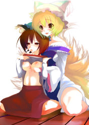 Rule 34 | 2girls, absurdres, animal ears, blonde hair, blush, grabbing another&#039;s breast, breasts, brown eyes, brown hair, cat ears, cat girl, cat tail, chen, clothes lift, couple, female focus, finger in another&#039;s mouth, fox ears, fox tail, grabbing, hat, highres, karochii, large breasts, multiple girls, multiple tails, nipples, shirt lift, short hair, tail, touhou, yakumo ran, yuri