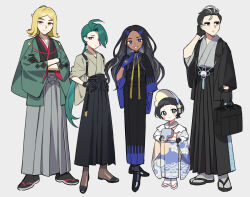 Rule 34 | 2boys, 3girls, adapted costume, bag, black bag, black footwear, black gloves, black hair, black hakama, black kimono, black socks, blonde hair, blue gloves, child, closed mouth, commentary request, creatures (company), crossed arms, game freak, geeta (pokemon), gloves, green jacket, grey footwear, grey hakama, grey kimono, hakama, hakama skirt, hand up, hands on own hips, hassel (pokemon), highres, holding, holding bag, jacket, japanese clothes, kimono, larry (pokemon), long hair, looking at viewer, multiple boys, multiple girls, nintendo, open clothes, open jacket, parted bangs, pokemon, pokemon sv, poppy (pokemon), rika (pokemon), sandals, sash, shoes, skirt, smile, socks, standing, waka (wk4444), zouri