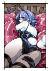 Rule 34 | 1girl, animal ears, ass, ass focus, black eyes, black leotard, black thighhighs, blue hair, blush, border, breasts, closed mouth, colored skin, commentary request, cookie (touhou), cowboy shot, fake animal ears, fake tail, flour (cookie), gedougawa, highres, kumoi ichirin, leotard, looking at viewer, looking back, medium bangs, medium breasts, on bed, parted bangs, playboy bunny, profile, rabbit ears, rabbit tail, short hair, sideboob, smile, solo, tail, thighhighs, touhou, white border, white skin