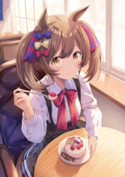 Rule 34 | 1girl, alternate costume, animal ears, ass, blush, bow, bowtie, breasts, brown hair, cake, chain, collared shirt, food, fork, hand up, happy birthday, highres, holding, holding fork, horse ears, horse girl, horse tail, indoors, long sleeves, looking at viewer, medium hair, murasaki himuro, open mouth, overall skirt, plate, red bow, red bowtie, shirt, sitting, skirt, small breasts, smart falcon (umamusume), solo, suspender skirt, suspenders, table, tail, twintails, umamusume, white shirt, window, yellow eyes