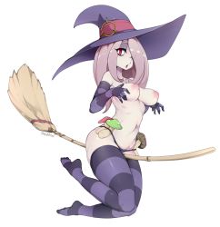 Rule 34 | 10s, 1girl, bad id, bad twitter id, bikini, bikini bottom only, breasts, broom, broom riding, brown hair, elbow gloves, gloves, hair over one eye, hat, highres, inverted nipples, little witch academia, long hair, looking at viewer, medium breasts, mushroom, navel, nipples, open mouth, pale skin, puffy nipples, purple bikini, red eyes, simple background, slugbox, solo, striped clothes, striped gloves, striped thighhighs, sucy manbavaran, swimsuit, thick thighs, thighhighs, thighs, white background, witch, witch hat