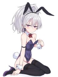 Rule 34 | 1girl, animal ears, black thighhighs, blush, breasts, commentary request, darker than black, expressionless, fake animal ears, fake tail, full body, grey hair, high heels, highres, jitome, leotard, long hair, looking at viewer, nonono (mino), playboy bunny, ponytail, purple eyes, rabbit ears, rabbit tail, simple background, sitting, small breasts, solo, tail, thighhighs, wariza, white background, yin (darker than black)