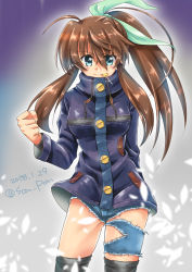 Rule 34 | 1girl, ahoge, arm behind back, black thighhighs, blue footwear, blue jacket, blurry, blurry foreground, brown hair, clenched hand, closed mouth, cowboy shot, dated, denim, denim jacket, denim shorts, food, fuka reventon, gradient background, green eyes, green ribbon, hair over shoulder, hair ribbon, jacket, long hair, long sleeves, looking at viewer, lyrical nanoha, mouth hold, ponytail, popsicle, ribbon, san-pon, shorts, smile, solo, standing, thighhighs, torn clothes, torn shorts, twitter username, vivid strike!