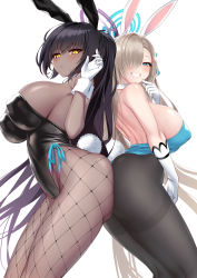 Rule 34 | 2girls, animal ears, ass, ass-to-ass, ass press, asuna (blue archive), asuna (bunny) (blue archive), bare shoulders, black hair, black hairband, black leotard, black pantyhose, blue archive, blue bow, blue bowtie, blue eyes, blue leotard, blush, bow, bowtie, breasts, closed mouth, curvy, dark-skinned female, dark skin, detached collar, elbow gloves, fishnet legwear, fishnets, gloves, hair over one eye, hairband, highleg, highleg leotard, highres, huge ass, karin (blue archive), karin (bunny) (blue archive), large breasts, leotard, light brown hair, long hair, looking at viewer, multiple girls, official alternate costume, one eye covered, pantyhose, parted lips, playboy bunny, ponytail, rabbit ears, sigma rio, simple background, smile, teeth, thighs, thong leotard, white background, white gloves, white hairband, wide hips, yellow eyes
