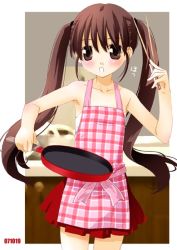 Rule 34 | 1girl, :o, apron, armpits, bare shoulders, blush, bow, cooking, cowboy shot, frying pan, holding, indoors, kitchen, long hair, looking at viewer, noto (soranoto), open mouth, original, pleated skirt, red bow, sidelocks, skirt, solo, twintails, very long hair