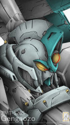 Rule 34 | character name, close-up, denjyou23, gengaozo, gundam, highres, looking down, mecha, mobile suit, no humans, robot, solo, upper body, victory gundam, white background, yellow eyes, zanscare