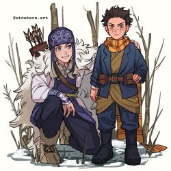 Rule 34 | 1boy, 1girl, absurdres, age switch, ainu clothes, asirpa, bandana, bare tree, black footwear, black hair, blue coat, blue eyes, boots, brown eyes, coat, etceteraart, fur, fur boots, golden kamuy, hand on another&#039;s shoulder, hand on own hip, highres, long hair, long sleeves, aged up, outdoors, pouch, quiver, scar, scar on face, scar on nose, scarf, snow, sugimoto saichi, tree, watermark, web address, yellow scarf, aged down