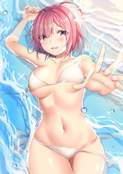 Rule 34 | 1girl, absurdres, alternate costume, bare shoulders, bikini, blush, breasts, cleavage, collarbone, fate/grand order, fate (series), hair over one eye, highres, large breasts, light purple hair, looking at viewer, lying, mash kyrielight, navel, on back, open mouth, outstretched arm, purple eyes, short hair, side-tie bikini bottom, smile, swimsuit, thighs, untied bikini, water, white bikini, yufou