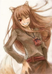 Rule 34 | 00s, 1girl, ;d, animal ears, brown hair, grin, head tilt, highres, holo, jewelry, long hair, necklace, one eye closed, open mouth, red eyes, shikao, shikao (monkey), smile, solo, spice and wolf, tail, wink, wolf ears, wolf tail