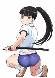 Rule 34 | 1girl, :o, alternate costume, ass, black hair, blush, breasts, brown eyes, buruma, eyepatch, from behind, gym uniform, katana, long hair, looking back, on one knee, parted lips, ponytail, sakamoto mio, sheath, sheathed, solo, strike witches, sword, ueyama michirou, weapon, white background, world witches series