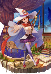 Rule 34 | 1girl, ;d, absurdres, belt, book, boots, breasts, brown hair, buttons, cape, choker, cleavage, cloud, cloudy sky, clover, cosplay, curtains, four-leaf clover, hat, highres, kagari atsuko, little witch academia, long hair, miniskirt, mizukiyan, mushroom, navel, night, night sky, one eye closed, open mouth, reaching, reaching towards viewer, red eyes, shiny chariot, shiny chariot (cosplay), skirt, sky, small breasts, smile, sparkle, test tube, thigh boots, thighhighs, wand, witch hat, wizard hat