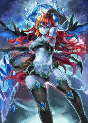 Rule 34 | 1girl, alternate color, blonde hair, blue eyes, blue skin, colored skin, demon girl, demon wings, elbow gloves, gloves, grin, hera-is (p&amp;d), hera (p&amp;d), himuro shunsuke, horns, long hair, multicolored hair, pointy ears, puzzle &amp; dragons, red hair, smile, solo, tail, thighhighs, very long hair, wings