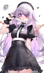 1girl :p @_@ absurdres alternate_costume arm_at_side artist_name bags_under_eyes bandaid bandaid_on_arm bandaid_on_hand black_choker black_hairband black_nails black_skirt black_wrist_cuffs blood blood_on_clothes blood_on_face bloody_knife blush center_frills choker colored_inner_hair commentary cowboy_shot cross crossed_bandaids eyeshadow face_jewel facial_mark fingernails frilled_skirt frills frown goth_fashion hair_flaps hair_over_one_eye hairband hand_up hashtag-only_commentary heart heart_facial_mark high-waist_skirt highres holding holding_knife holding_weapon hololive hololive_english injury jewel_under_eye knife koseki_bijou latin_cross lolita_hairband long_bangs long_fingernails long_hair looking_at_viewer makeup mark_under_eye material_growth metal_wings miniskirt multicolored_hair nail_polish pebble_(koseki_bijou) puffy_short_sleeves puffy_sleeves purple_eyes purple_hair red_eyeshadow scar scar_on_arm short_sleeves sidelocks simple_background skirt solo symbol-only_commentary tifa_(iluvei) tongue tongue_out twitter_username very_long_hair virtual_youtuber watermark weapon white_background wing_collar wrist_cuffs yandere