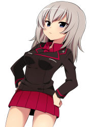 Rule 34 | 10s, 1girl, black jacket, blue eyes, collared shirt, cowboy shot, dress shirt, dutch angle, girls und panzer, hands on own hips, highres, itsumi erika, jacket, kuromorimine military uniform, long hair, long sleeves, looking at viewer, miniskirt, pleated skirt, red shirt, red skirt, ruruepa, shirt, silver hair, simple background, skirt, solo, thighs, white background