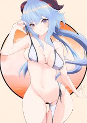Rule 34 | 1girl, :o, absurdres, armpit peek, armpits, bare arms, bare legs, bikini, bikini bottom aside, blue hair, breasts, cleavage, cleft of venus, clothing aside, curled horns, ganyu (genshin impact), genshin impact, groin, hair between eyes, highres, horns, inuinuo gataken, long hair, medium breasts, navel, open mouth, pulling own clothes, purple eyes, pussy, sidelocks, solo, stomach, swimsuit, thick thighs, thighs, white bikini